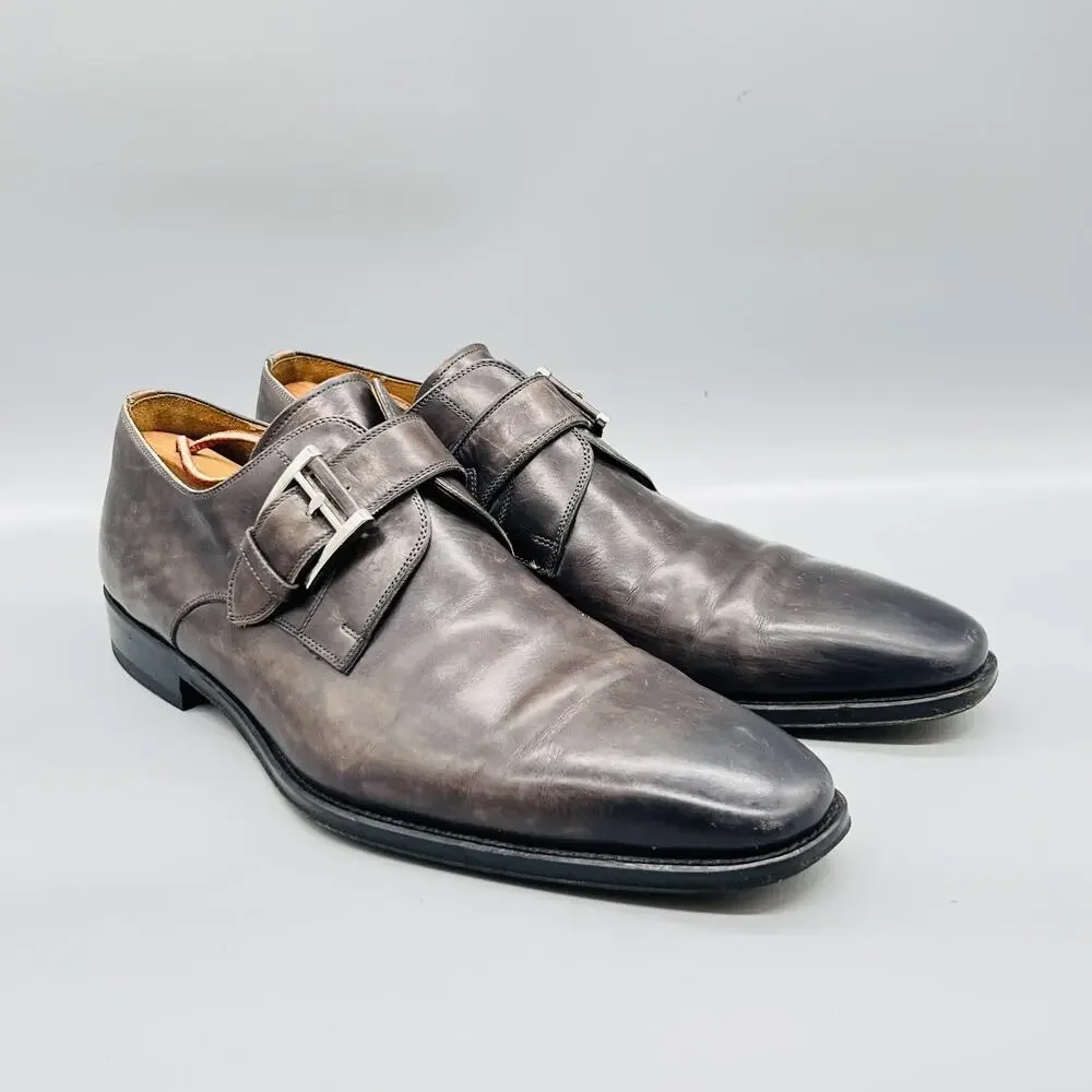 Magnanni Shoes Mens 10 Gray Leather Monk Strap Oxford Dress Buckle Almond Toe